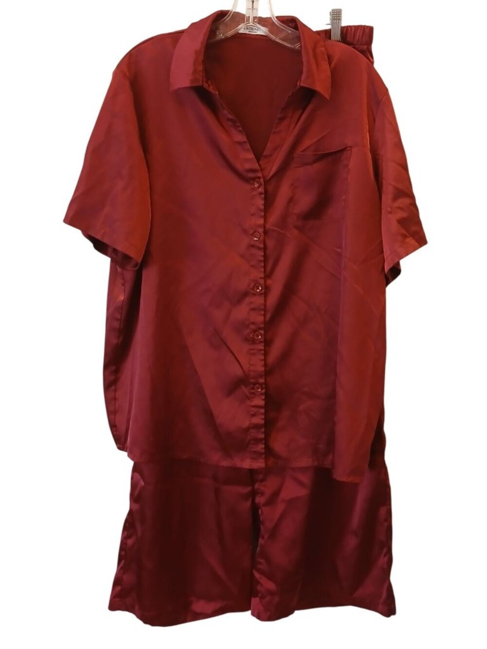 Ekouaer Satin Pajama Set XL  Burgundy Wide Leg Pant Short Sleeve Button #Z-14